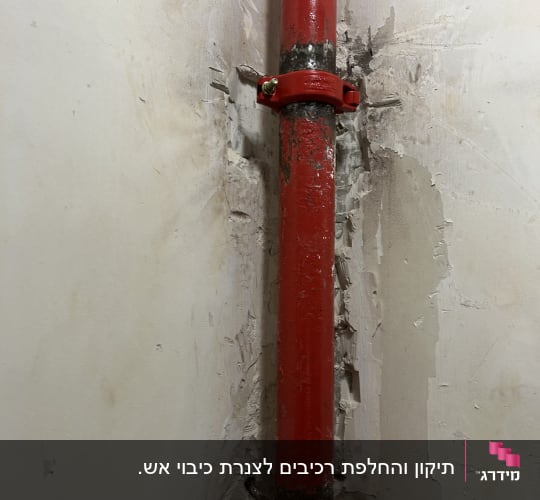 צינור כיבוי אש אדום עם תפסן על קיר